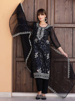 Thumbnail for Pakistani Sequined Embroidered Kurta With Pant & Dupatta, Black - Hiral Fashion - Distacart