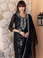 Thumbnail for Pakistani Sequined Embroidered Kurta With Pant & Dupatta, Black - Hiral Fashion - Distacart