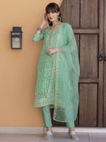 Thumbnail for Pakistani Sequined Embroidered Kurta With Pant & Dupatta, Green - Hiral Fashion - Distacart
