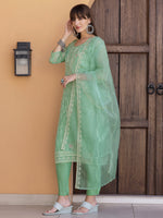 Thumbnail for Pakistani Sequined Embroidered Kurta With Pant & Dupatta, Green - Hiral Fashion - Distacart