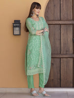 Thumbnail for Pakistani Sequined Embroidered Kurta With Pant & Dupatta, Green - Hiral Fashion - Distacart