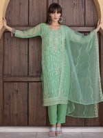 Thumbnail for Pakistani Sequined Embroidered Kurta With Pant & Dupatta, Green - Hiral Fashion - Distacart