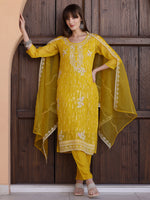 Thumbnail for Pakistani Sequined Embroidered Kurta With Pant & Dupatta, Yellow - Hiral Fashion - Distacart
