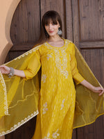 Thumbnail for Pakistani Sequined Embroidered Kurta With Pant & Dupatta, Yellow - Hiral Fashion - Distacart