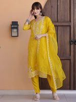 Thumbnail for Pakistani Sequined Embroidered Kurta With Pant & Dupatta, Yellow - Hiral Fashion - Distacart