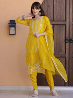 Thumbnail for Pakistani Sequined Embroidered Kurta With Pant & Dupatta, Yellow - Hiral Fashion - Distacart