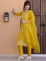 Thumbnail for Pakistani Sequined Embroidered Kurta With Pant & Dupatta, Yellow - Hiral Fashion - Distacart