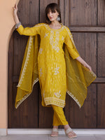 Thumbnail for Pakistani Sequined Embroidered Kurta With Pant & Dupatta, Yellow - Hiral Fashion - Distacart