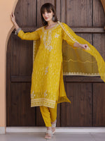 Thumbnail for Pakistani Sequined Embroidered Kurta With Pant & Dupatta, Yellow - Hiral Fashion - Distacart