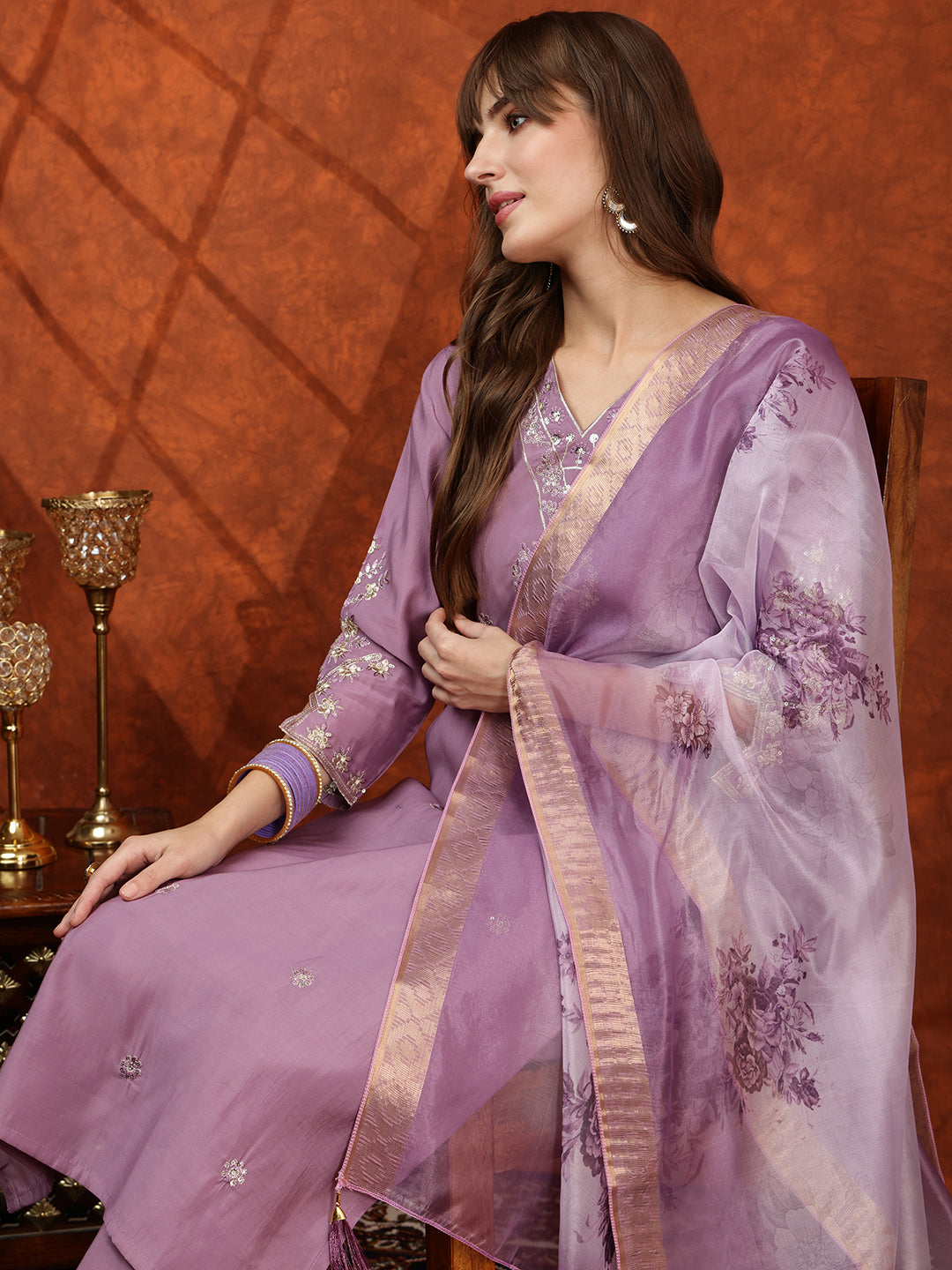 Sequined Embroidered Kurta With Pant & Floral Printed Dupatta, Lavender - Hiral Fashion - Distacart