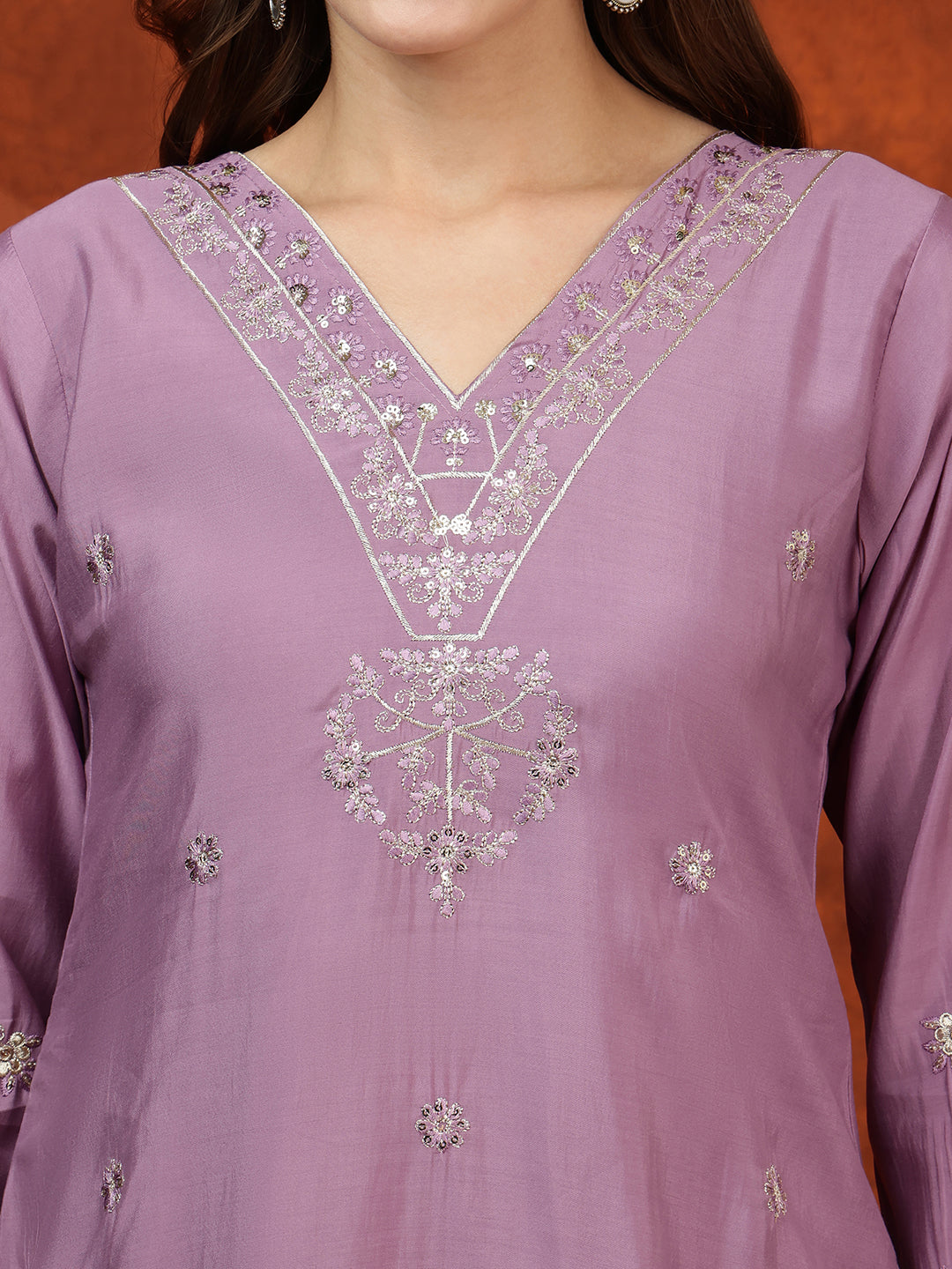 Sequined Embroidered Kurta With Pant & Floral Printed Dupatta, Lavender - Hiral Fashion - Distacart