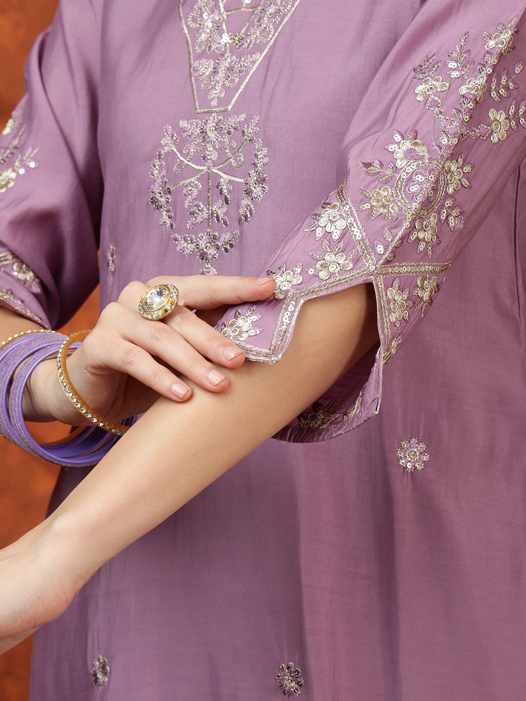 Sequined Embroidered Kurta With Pant & Floral Printed Dupatta, Lavender - Hiral Fashion - Distacart