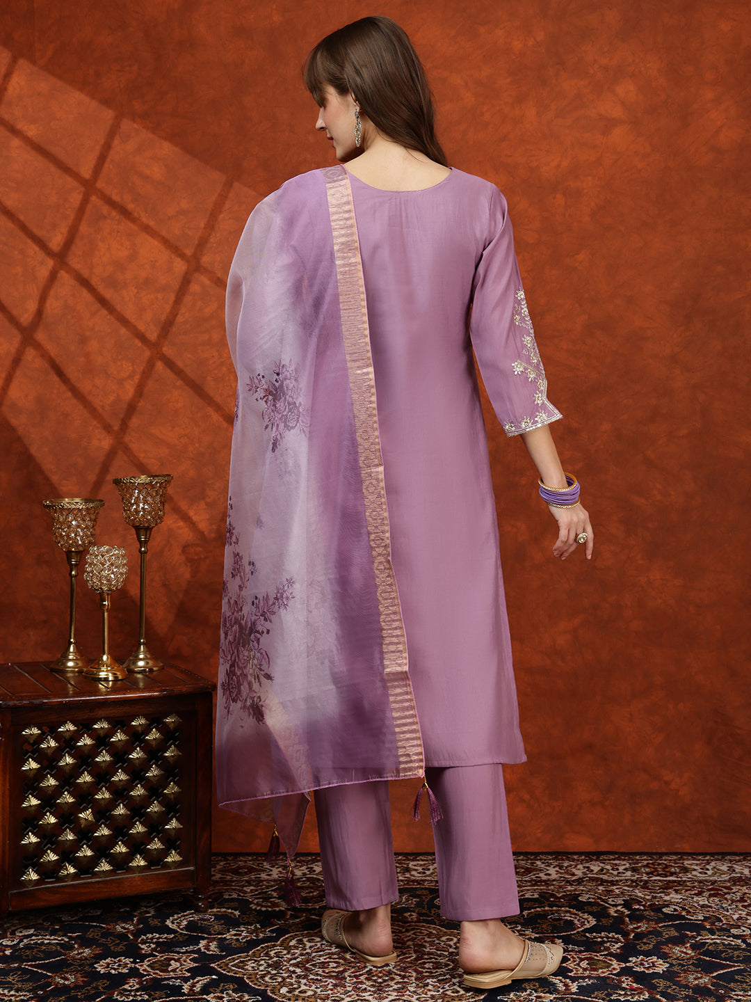 Sequined Embroidered Kurta With Pant & Floral Printed Dupatta, Lavender - Hiral Fashion - Distacart