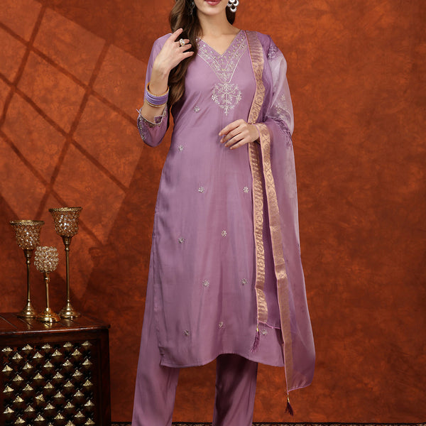 Sequined Embroidered Kurta With Pant & Floral Printed Dupatta, Lavender - Hiral Fashion - Distacart