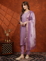 Thumbnail for Sequined Embroidered Kurta With Pant & Floral Printed Dupatta, Lavender - Hiral Fashion - Distacart