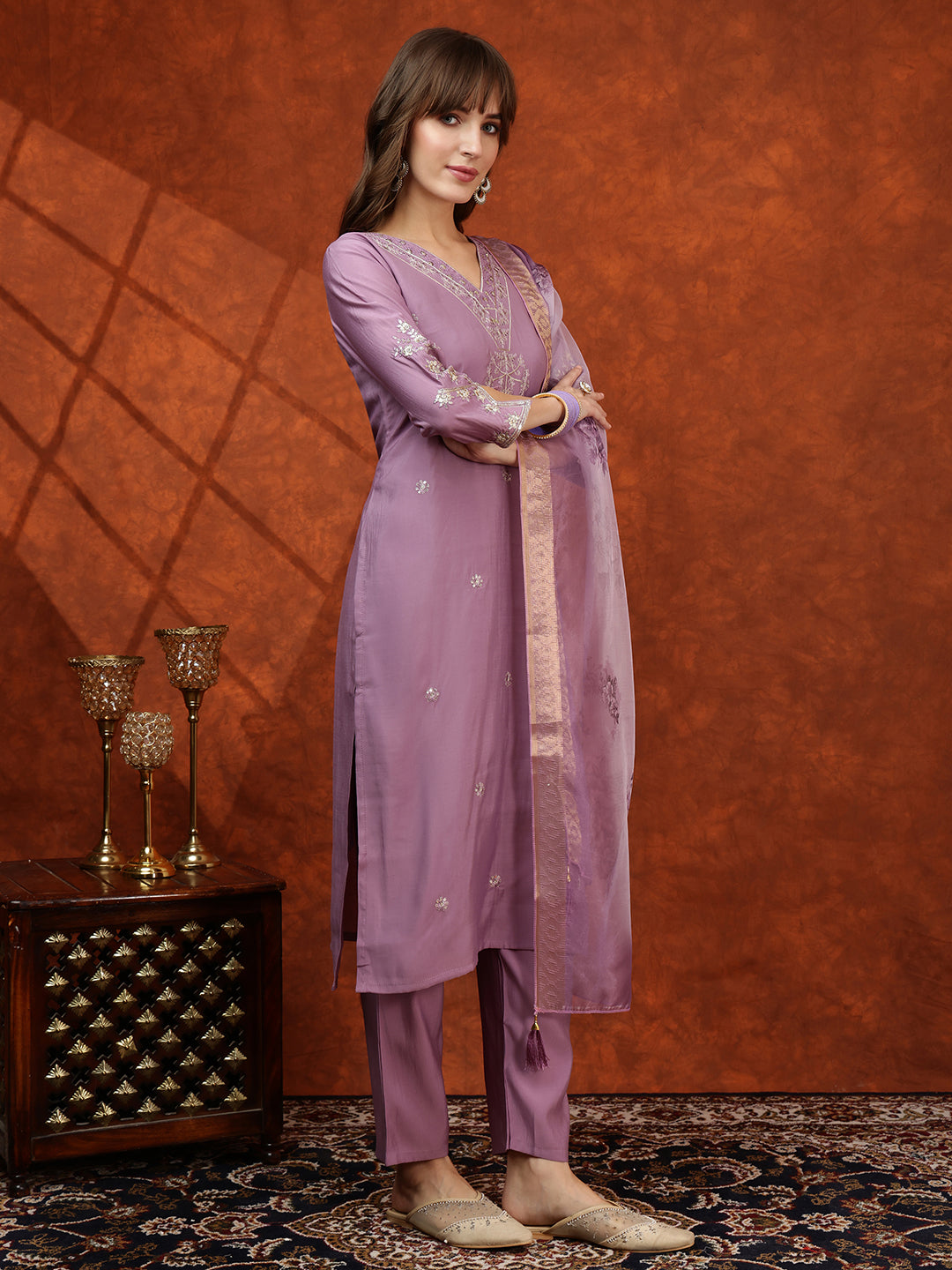 Sequined Embroidered Kurta With Pant & Floral Printed Dupatta, Lavender - Hiral Fashion - Distacart
