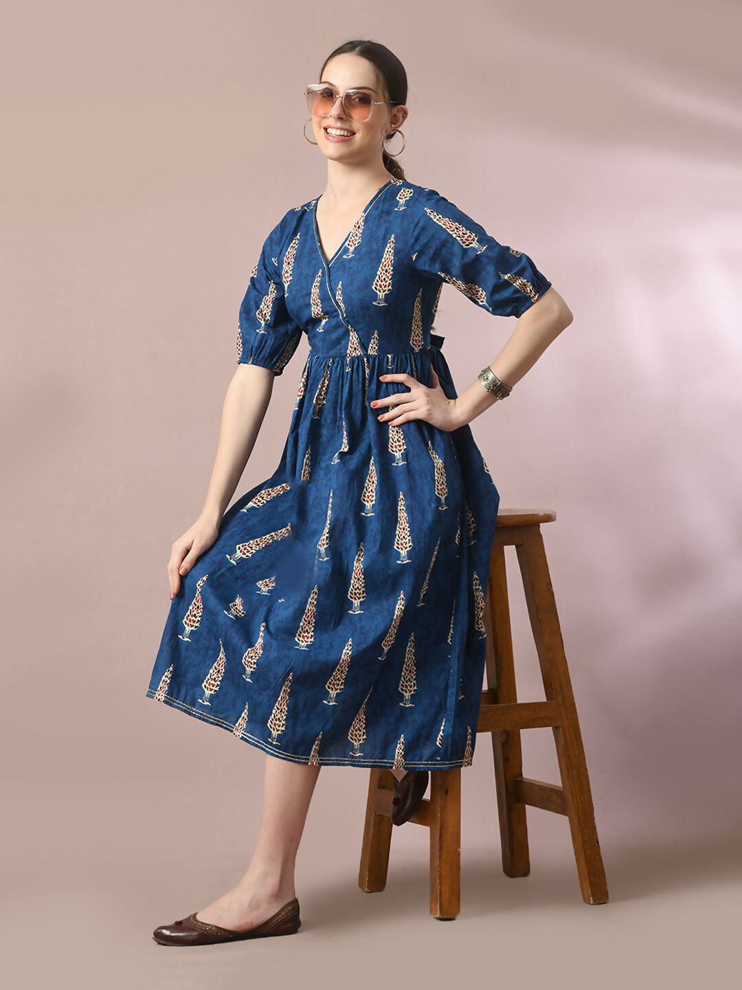 Myshka Women's Blue Printed Cotton V-Neck Empire Party Dress - Distacart