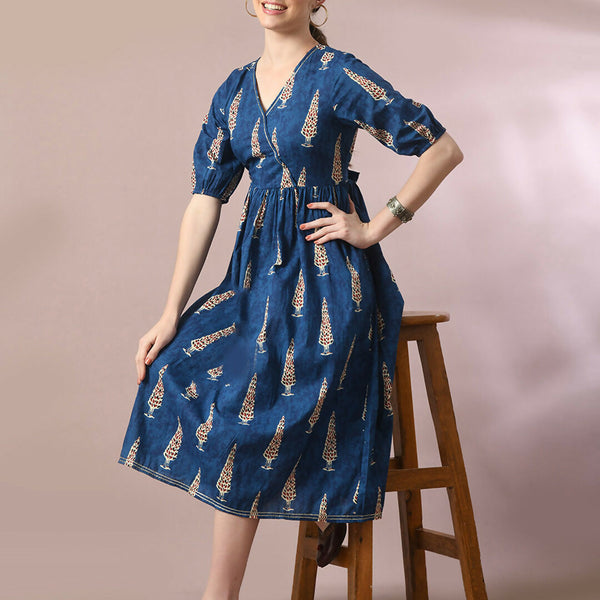 Myshka Women's Blue Printed Cotton V-Neck Empire Party Dress - Distacart