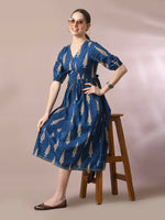 Thumbnail for Myshka Women's Blue Printed Cotton V-Neck Empire Party Dress - Distacart
