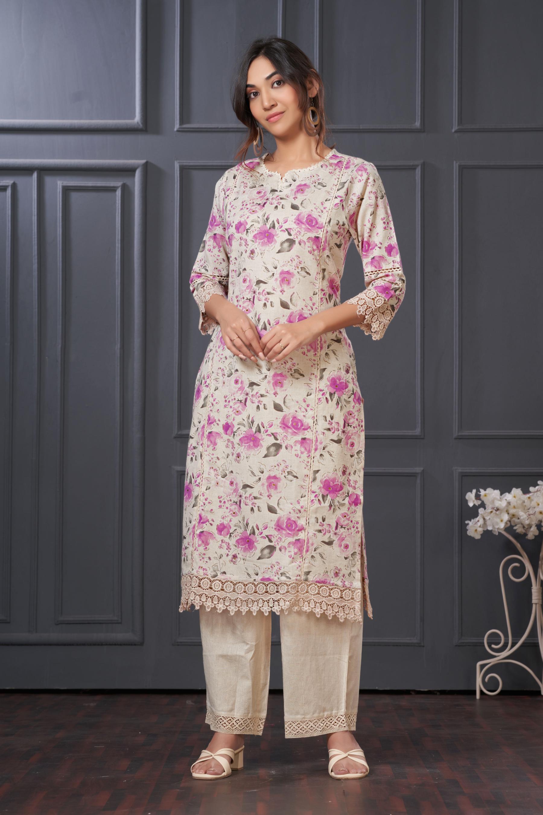 BulBul Hazel Purple Floral Printed Cotton Kurta Set