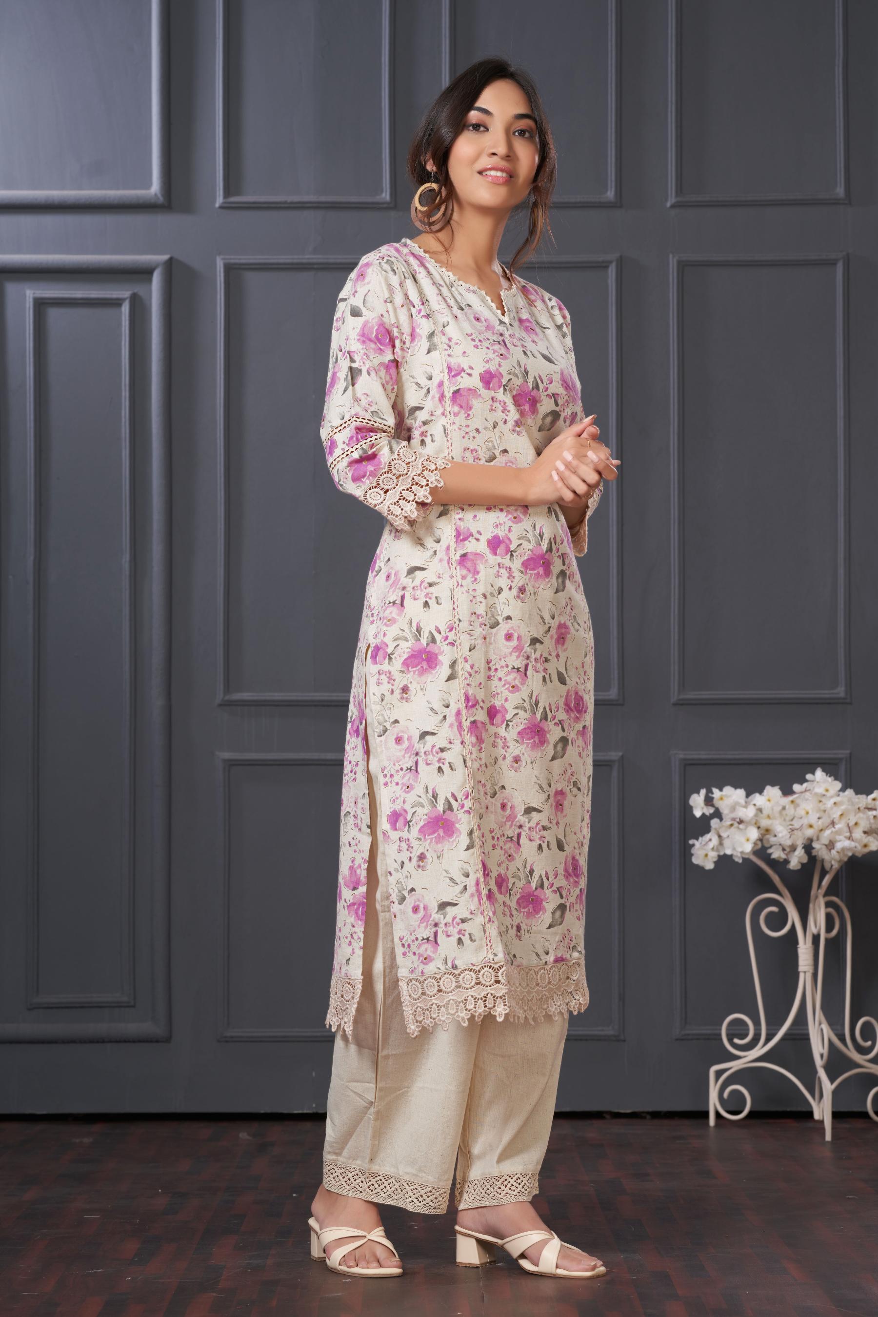 BulBul Hazel Purple Floral Printed Cotton Kurta Set