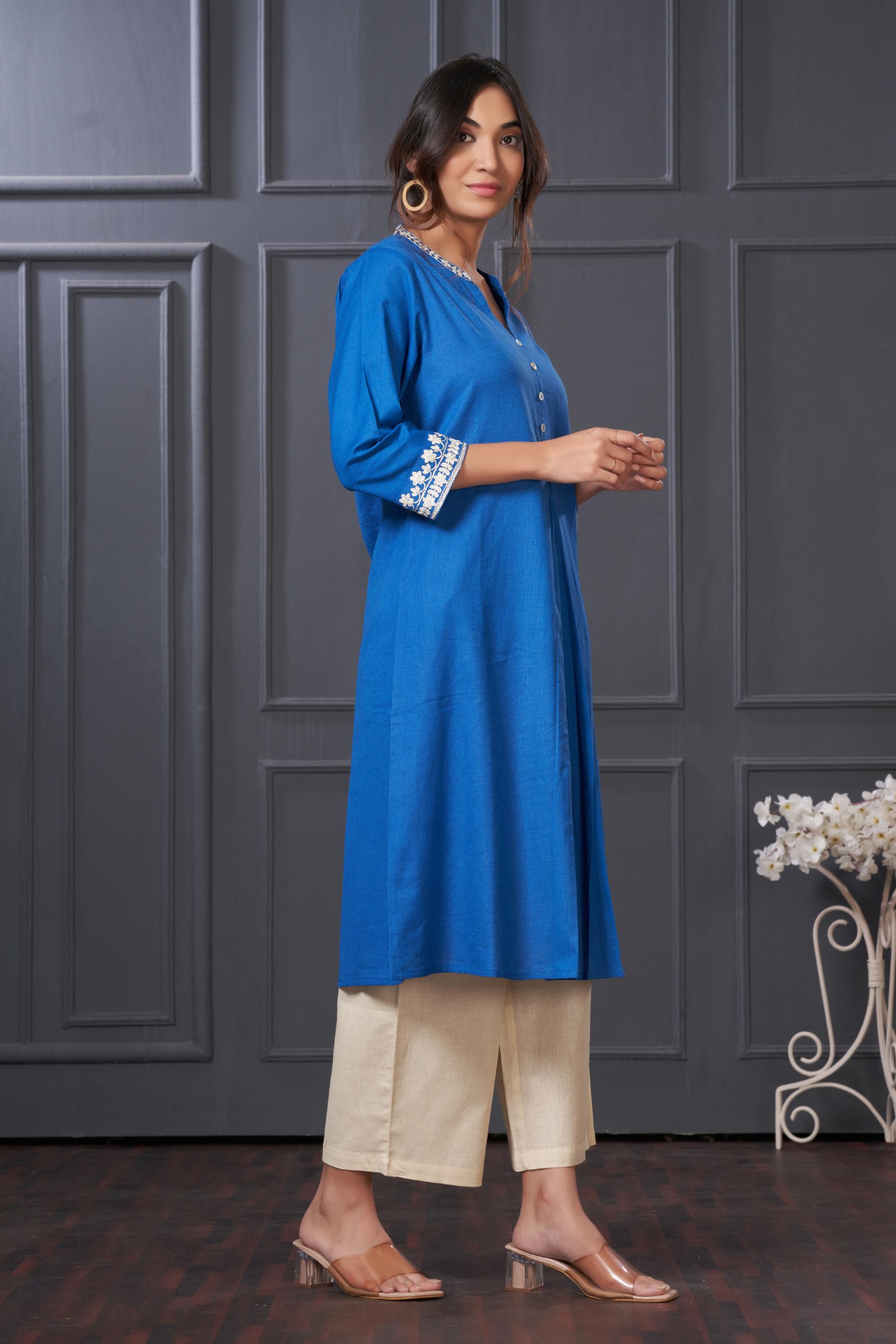 BulBul Hazel Blue Embellished Solid Cotton Kurta Set