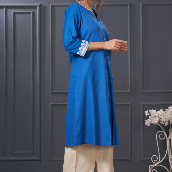 BulBul Hazel Blue Embellished Solid Cotton Kurta Set