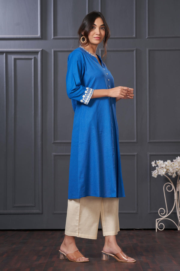BulBul Hazel Blue Embellished Solid Cotton Kurta Set