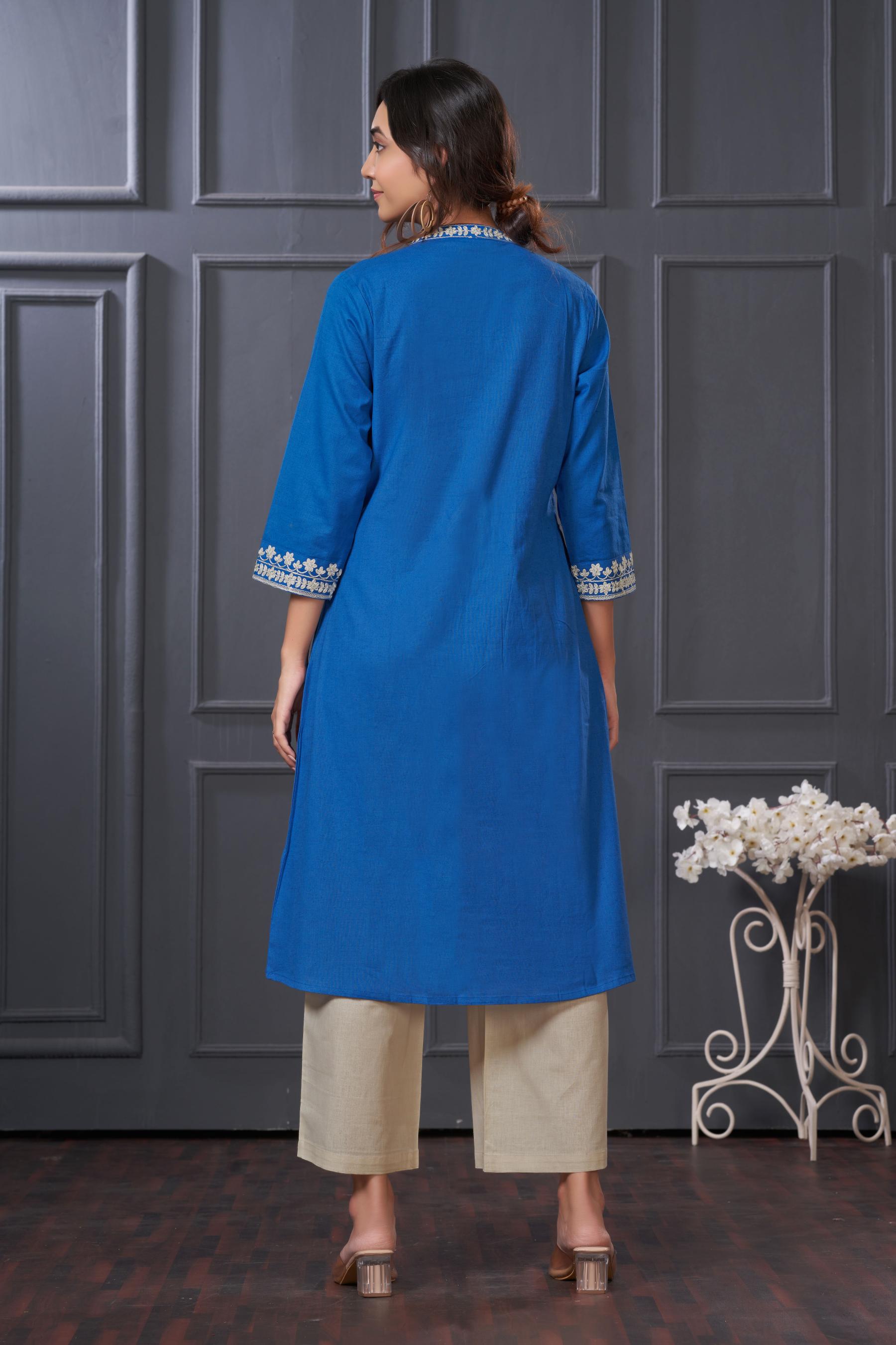 BulBul Hazel Blue Embellished Solid Cotton Kurta Set