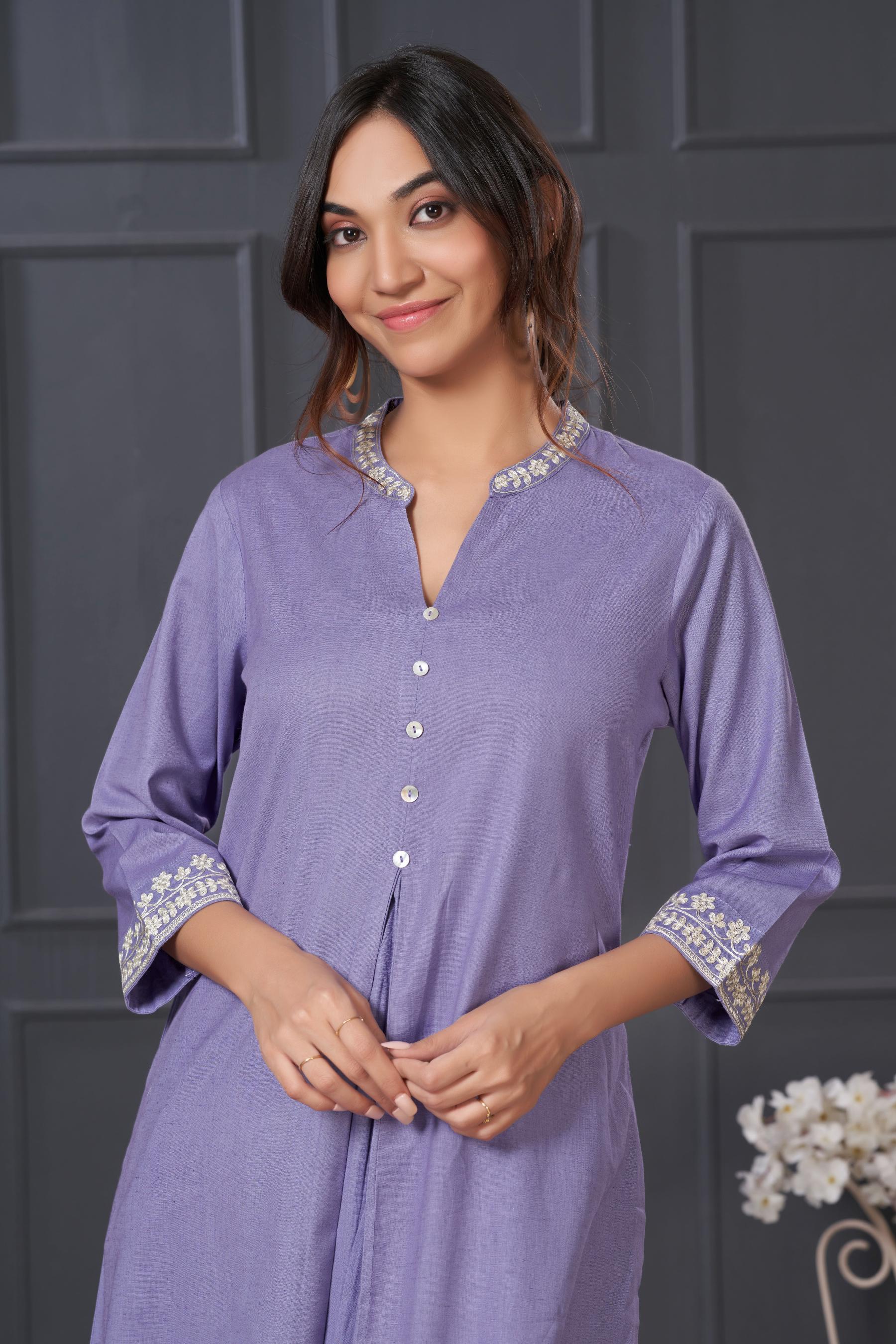 BulBul Hazel Purple Embellished Solid Cotton Kurta Set
