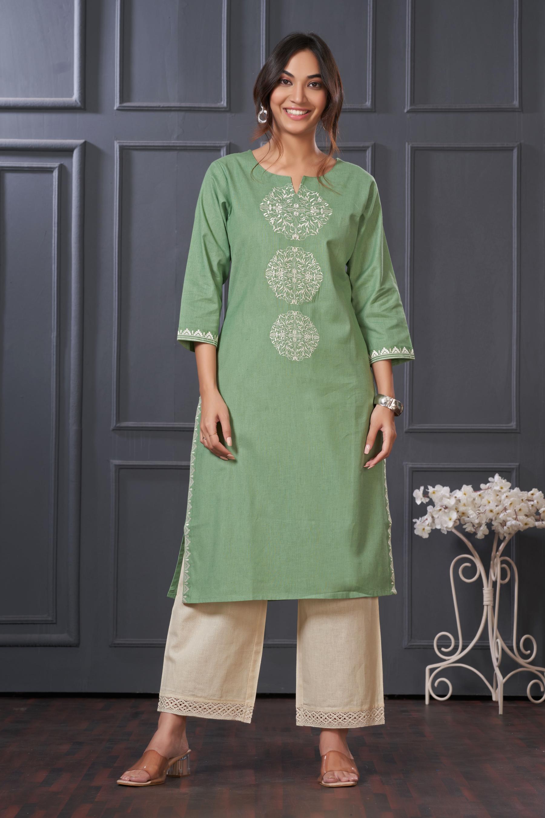 BulBul Hazel Green Embroidered Solid Cotton Kurta Set