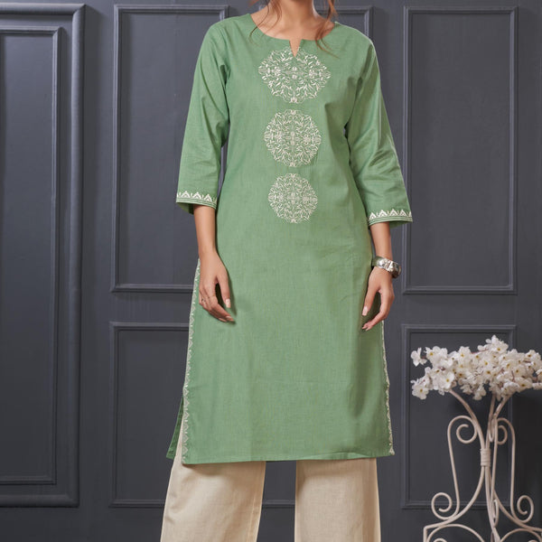 BulBul Hazel Green Embroidered Solid Cotton Kurta Set