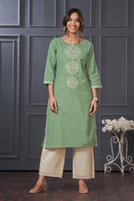 Thumbnail for BulBul Hazel Green Embroidered Solid Cotton Kurta Set