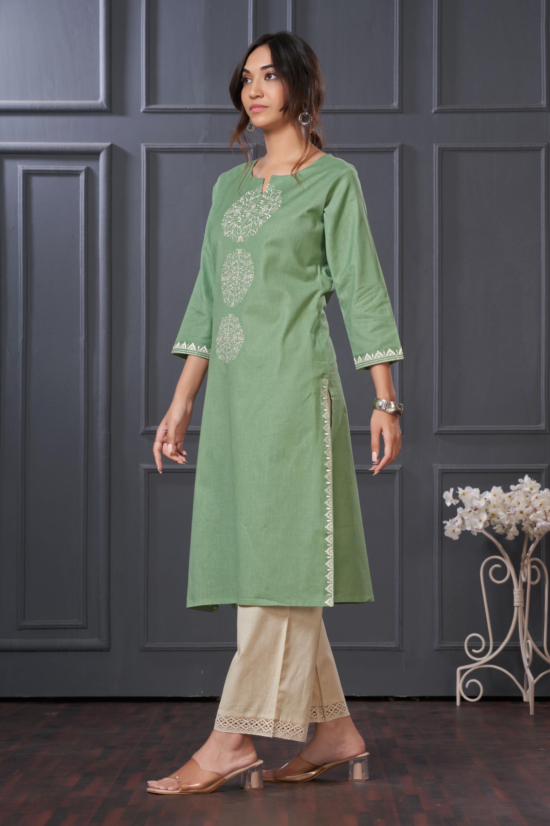 BulBul Hazel Green Embroidered Solid Cotton Kurta Set