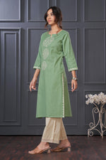 Thumbnail for BulBul Hazel Green Embroidered Solid Cotton Kurta Set