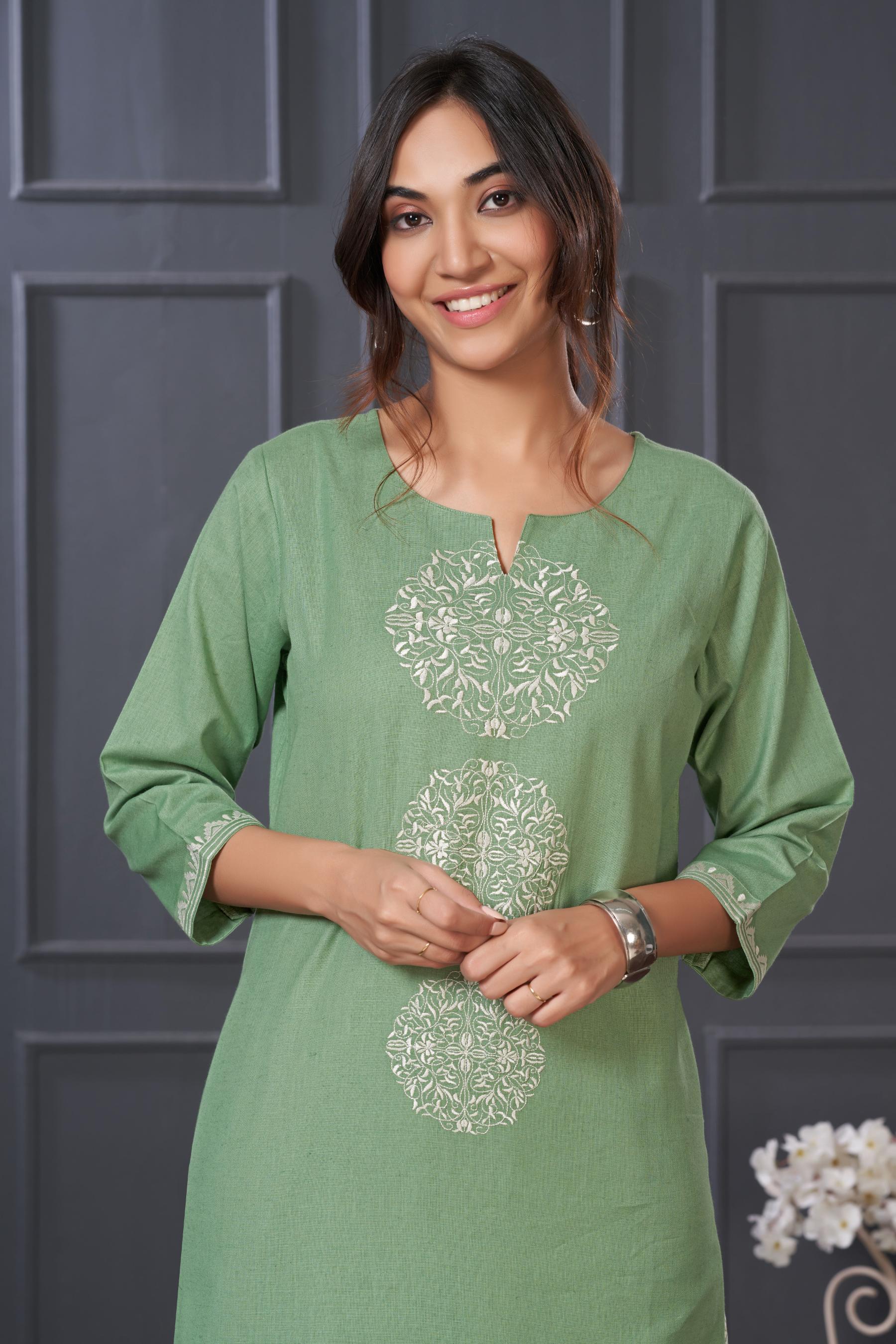 BulBul Hazel Green Embroidered Solid Cotton Kurta Set