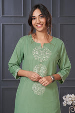 Thumbnail for BulBul Hazel Green Embroidered Solid Cotton Kurta Set