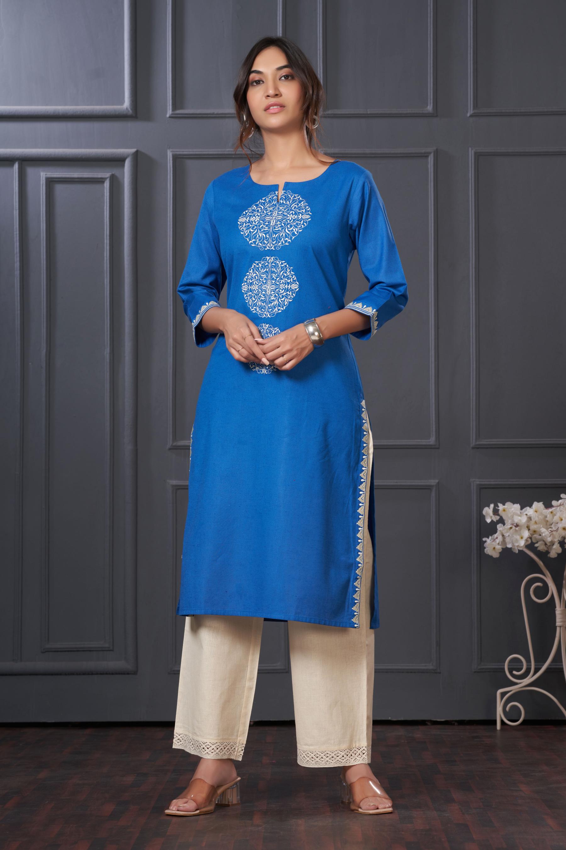 BulBul Hazel Blue Embroidered Solid Cotton Kurta Set