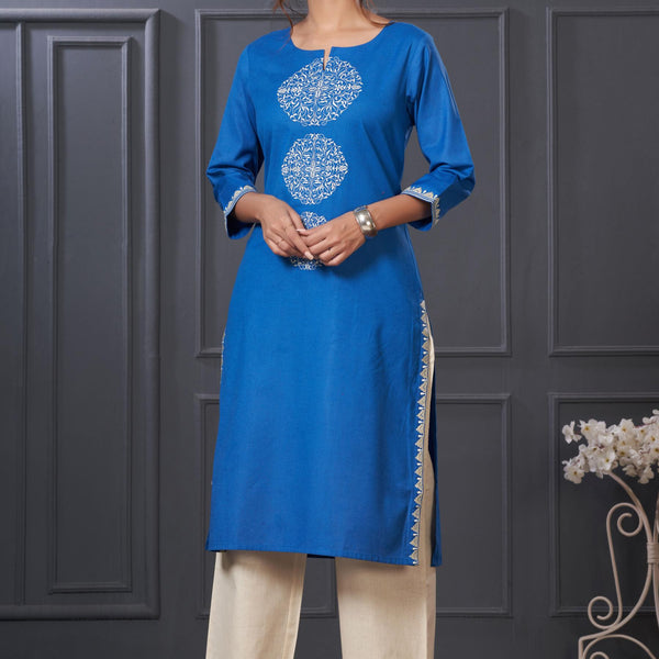 BulBul Hazel Blue Embroidered Solid Cotton Kurta Set