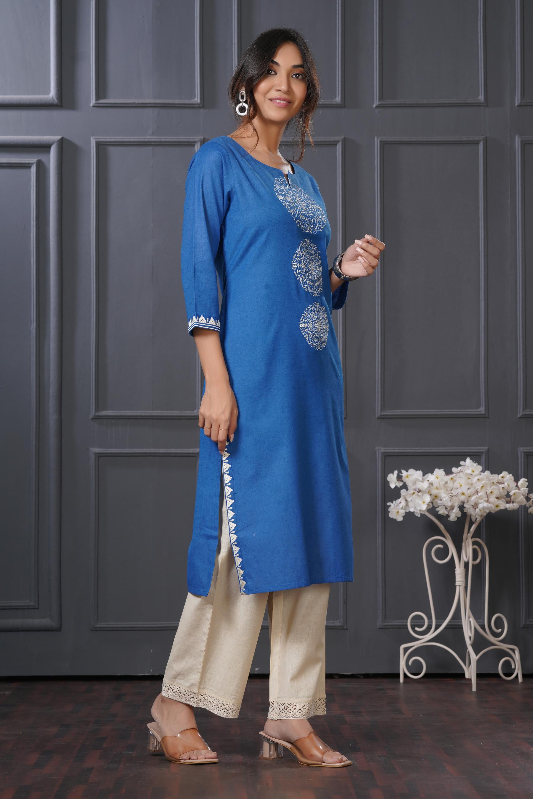 BulBul Hazel Blue Embroidered Solid Cotton Kurta Set