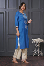Thumbnail for BulBul Hazel Blue Embroidered Solid Cotton Kurta Set