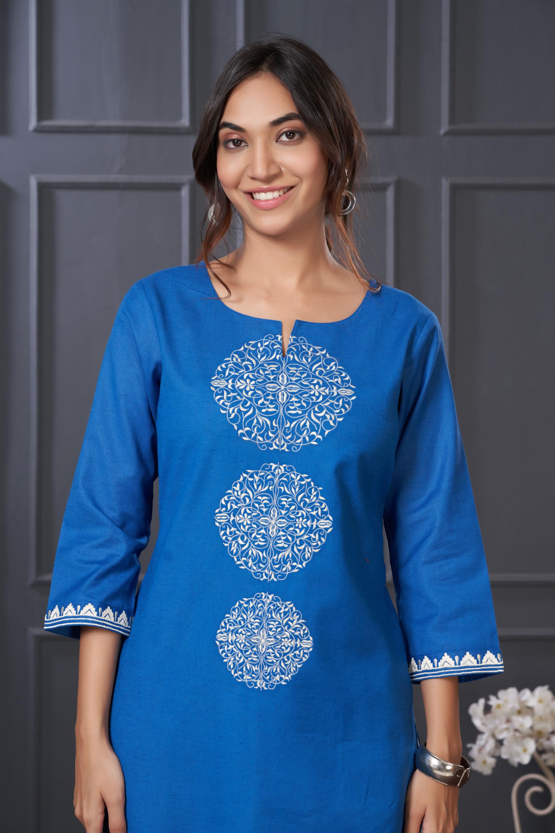 BulBul Hazel Blue Embroidered Solid Cotton Kurta Set
