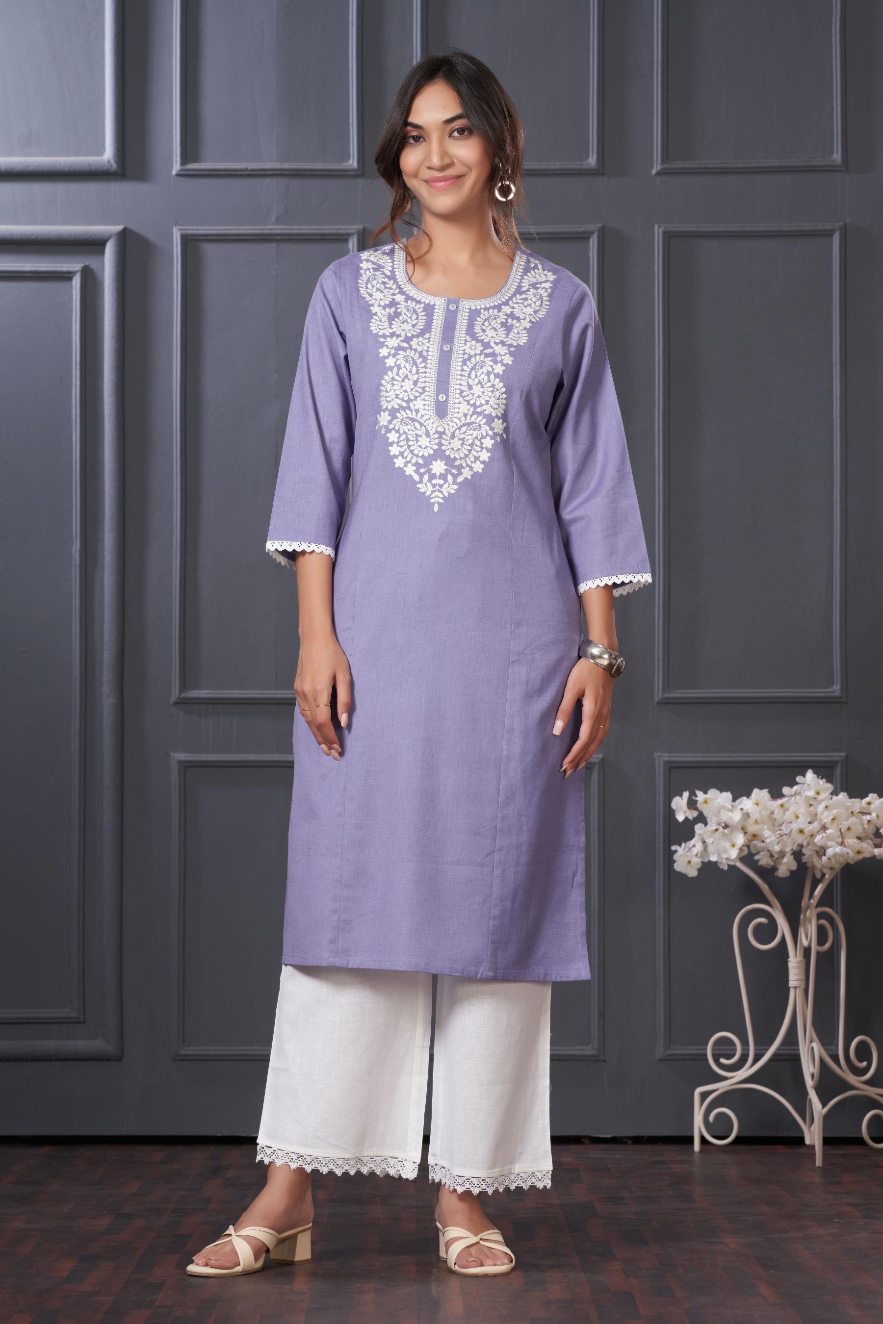 BulBul Hazel Purple Embroidered Cotton Kurta Set