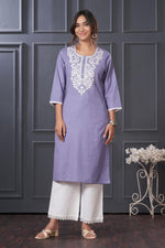 Thumbnail for BulBul Hazel Purple Embroidered Cotton Kurta Set