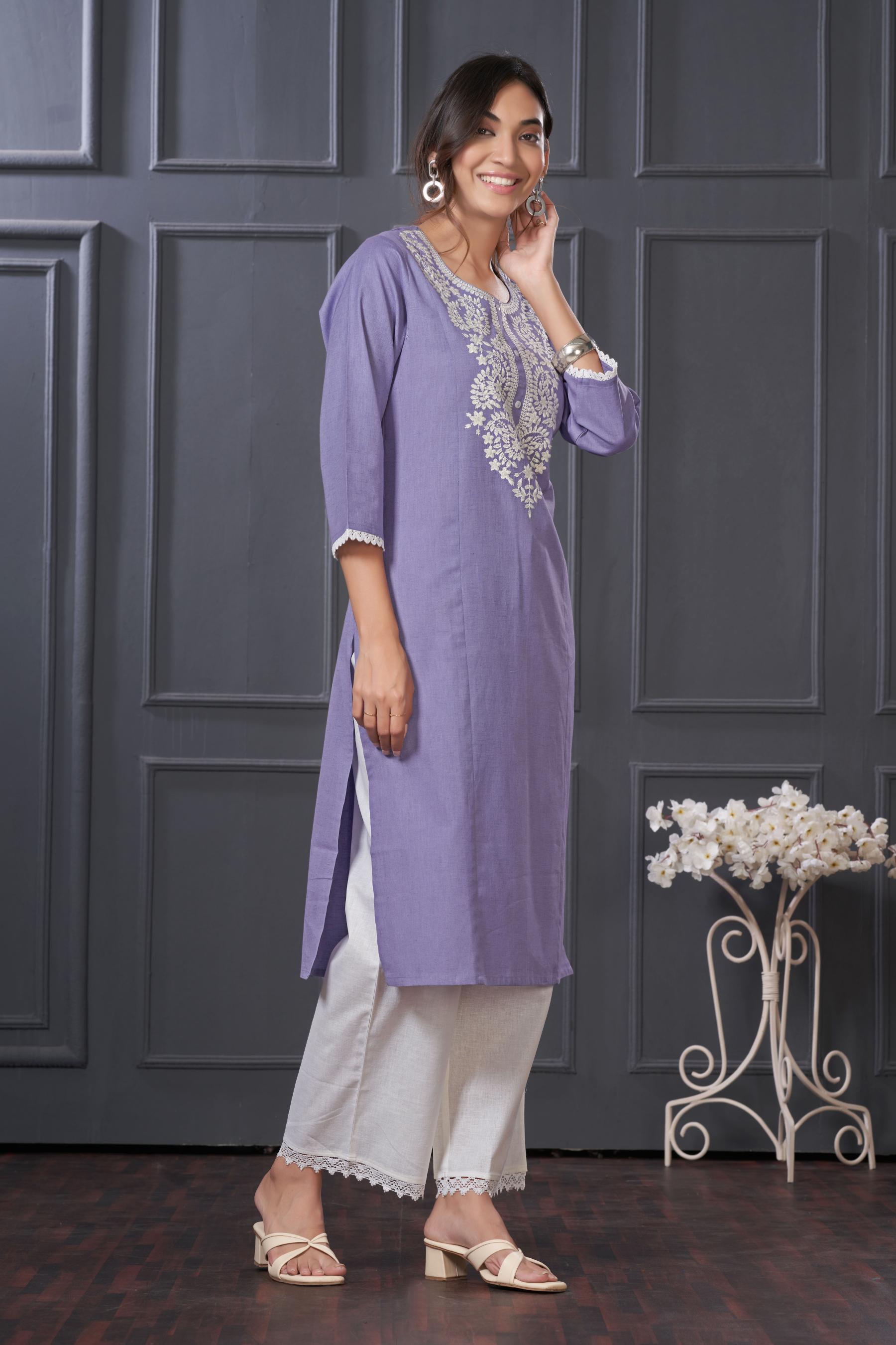 BulBul Hazel Purple Embroidered Cotton Kurta Set