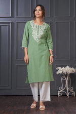 Thumbnail for BulBul Hazel Green Embroidered Cotton Kurta Set