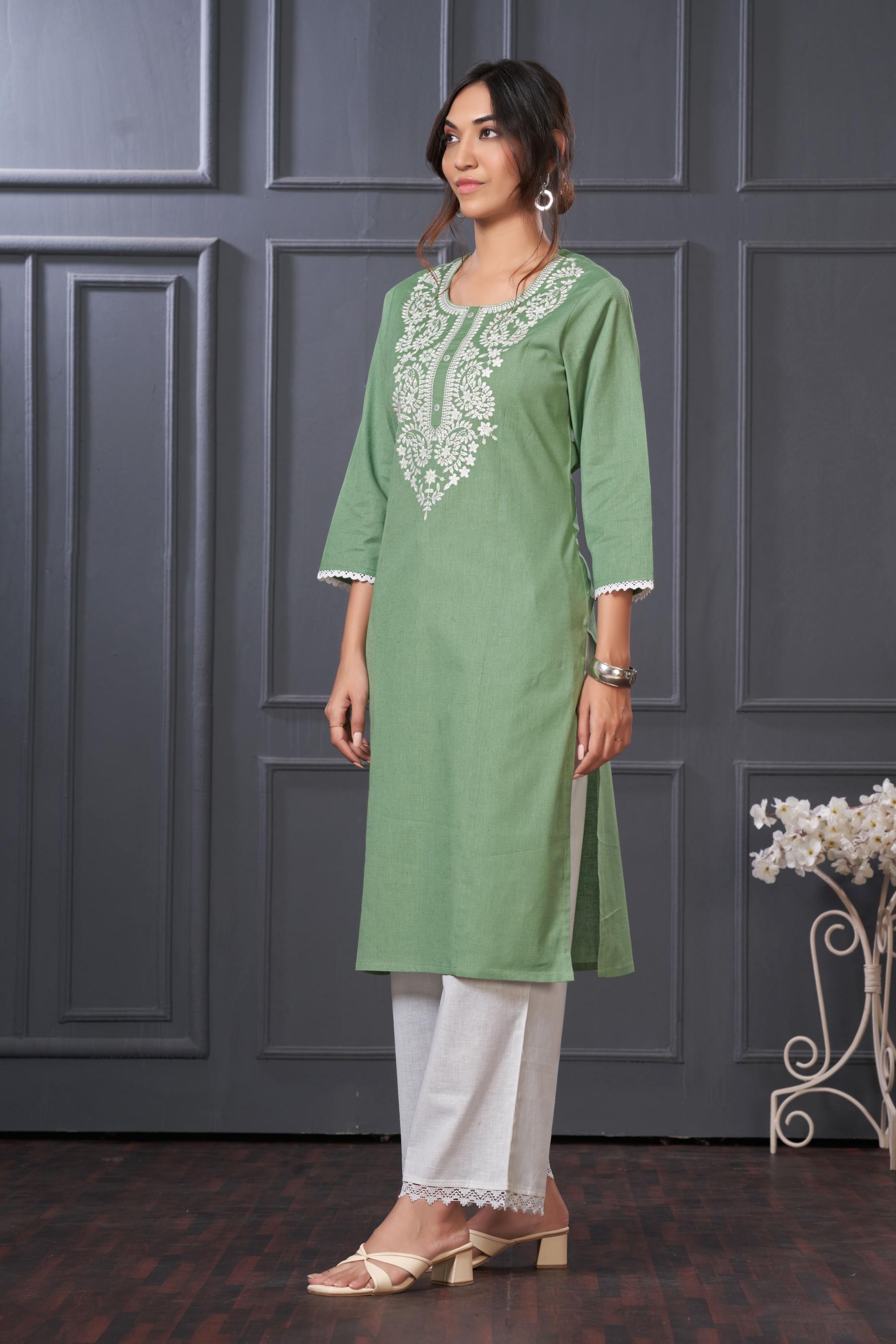 BulBul Hazel Green Embroidered Cotton Kurta Set