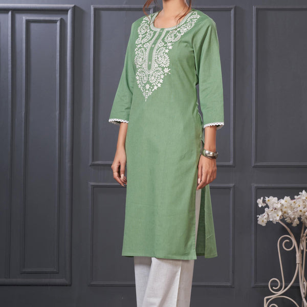 BulBul Hazel Green Embroidered Cotton Kurta Set