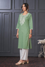Thumbnail for BulBul Hazel Green Embroidered Cotton Kurta Set