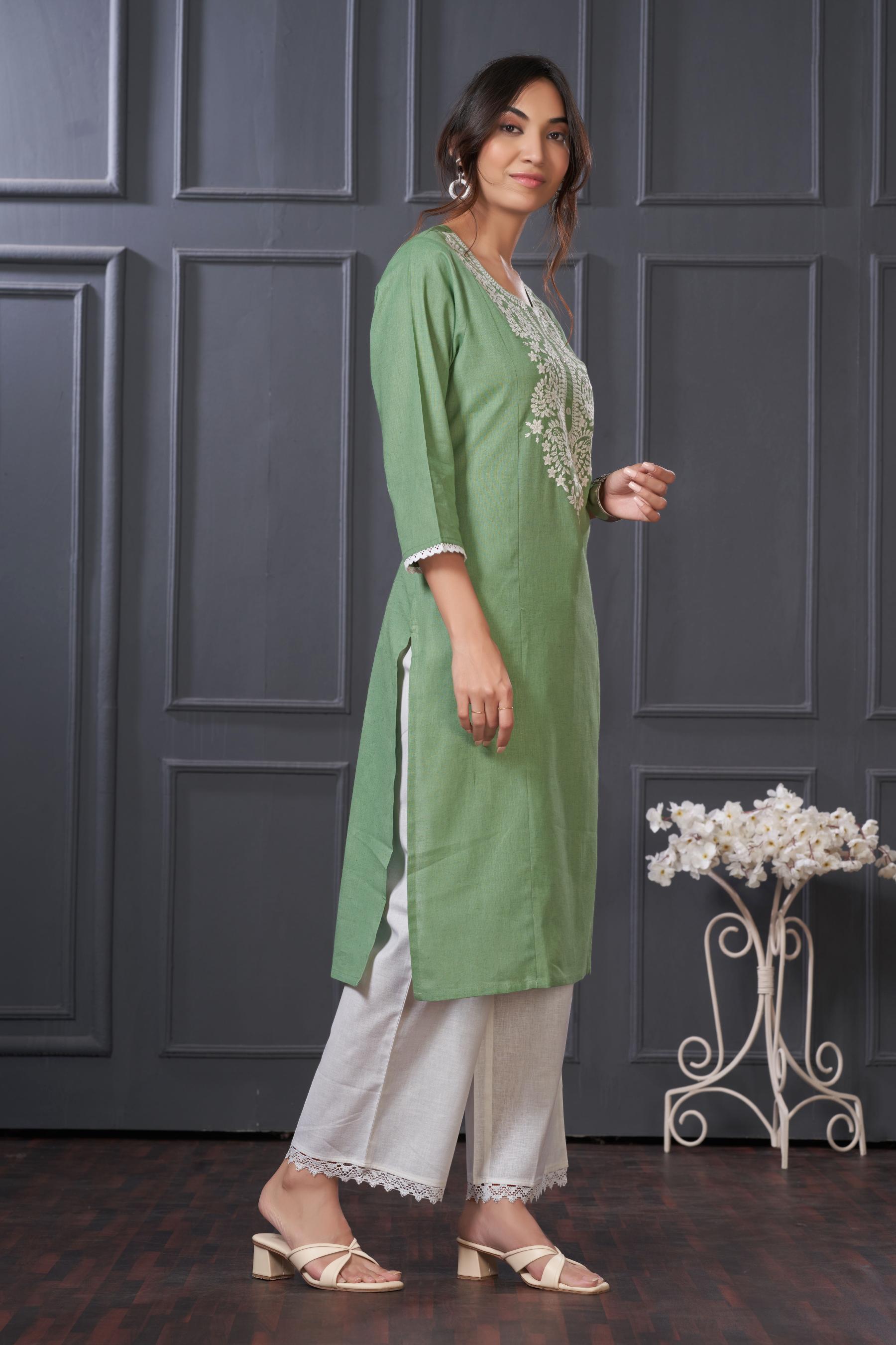 BulBul Hazel Green Embroidered Cotton Kurta Set